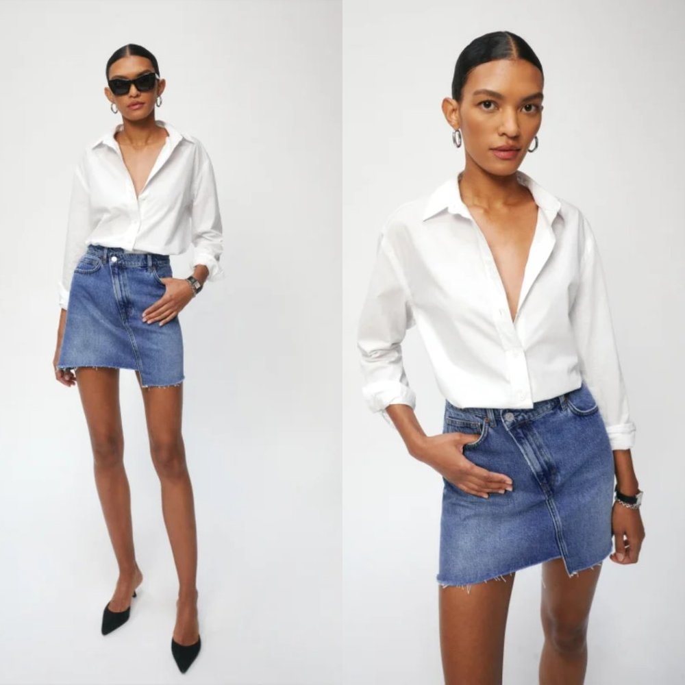 Reformation Jeans Ellie Asymmetric Denim Mini Skirt Raw Hem Size 27
